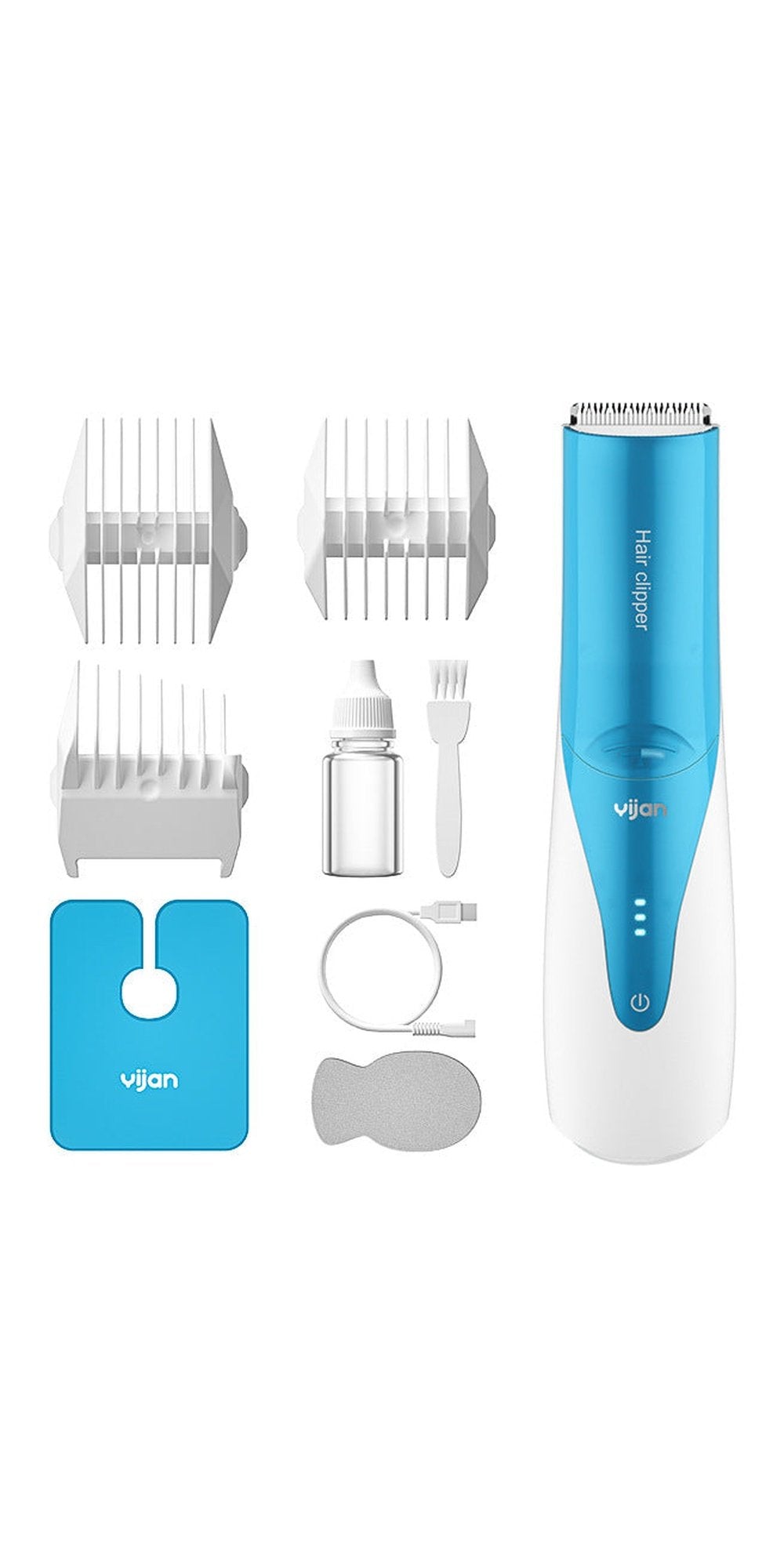 An image displaying a professional hair clipper designed for precise and clean cuts. The sleek blue and white design emphasizes its high-quality build.