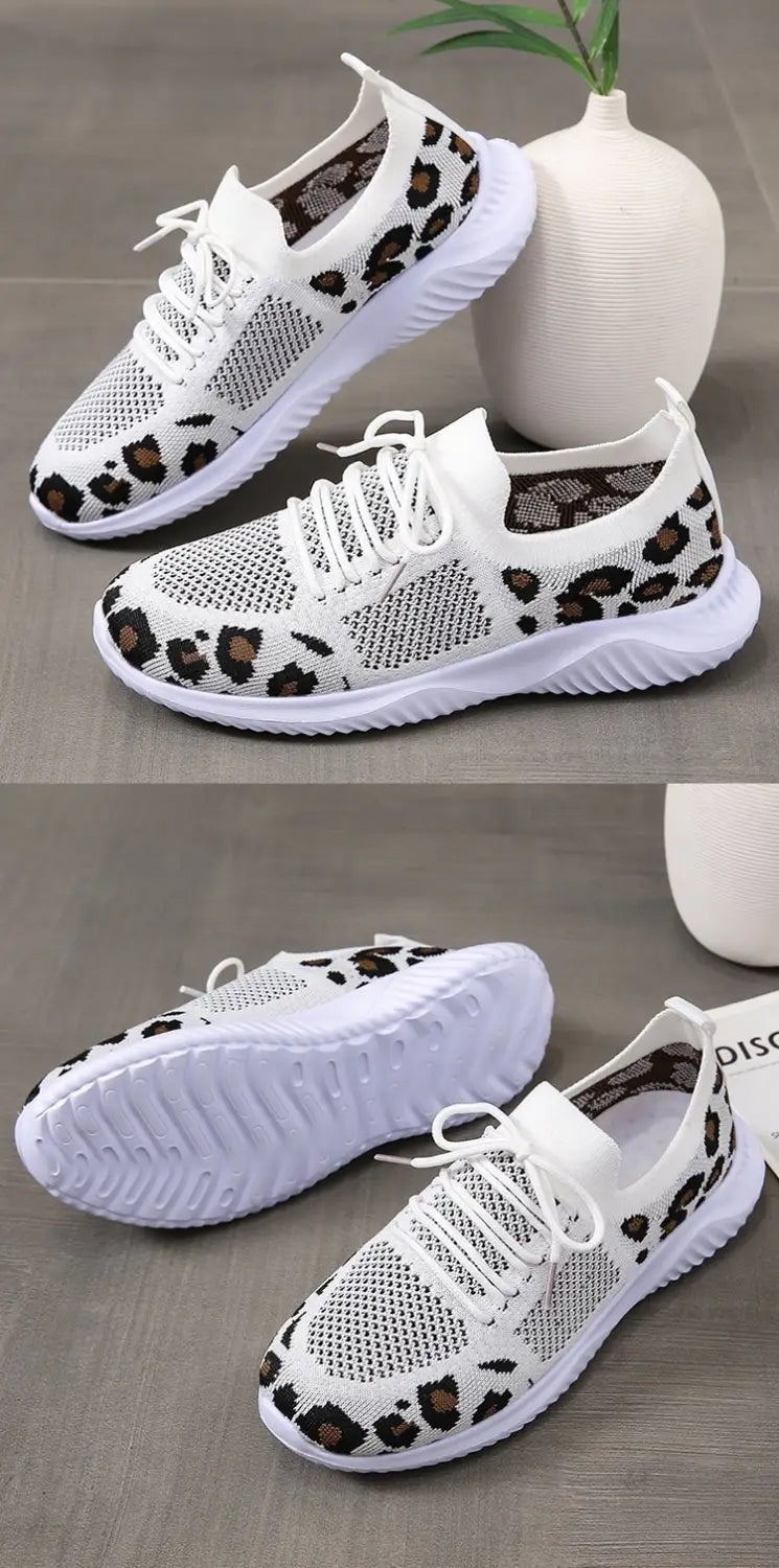 White Shoes Women Leopard Print Lace-up Sneakers Sports