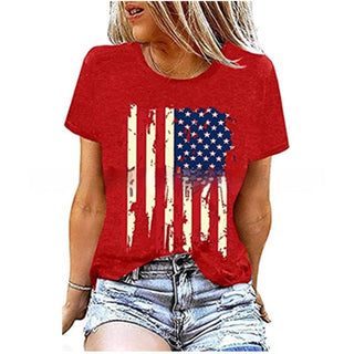 Red patriotic American flag graphic t-shirt for stylish female fashion.