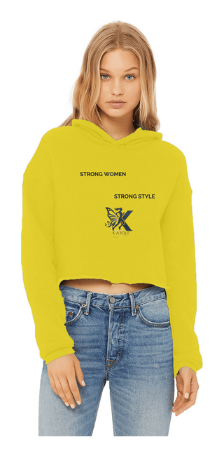 Stylish cropped yellow hoodie with bold "Strong Women, Strong Style" graphic for fashion-forward women