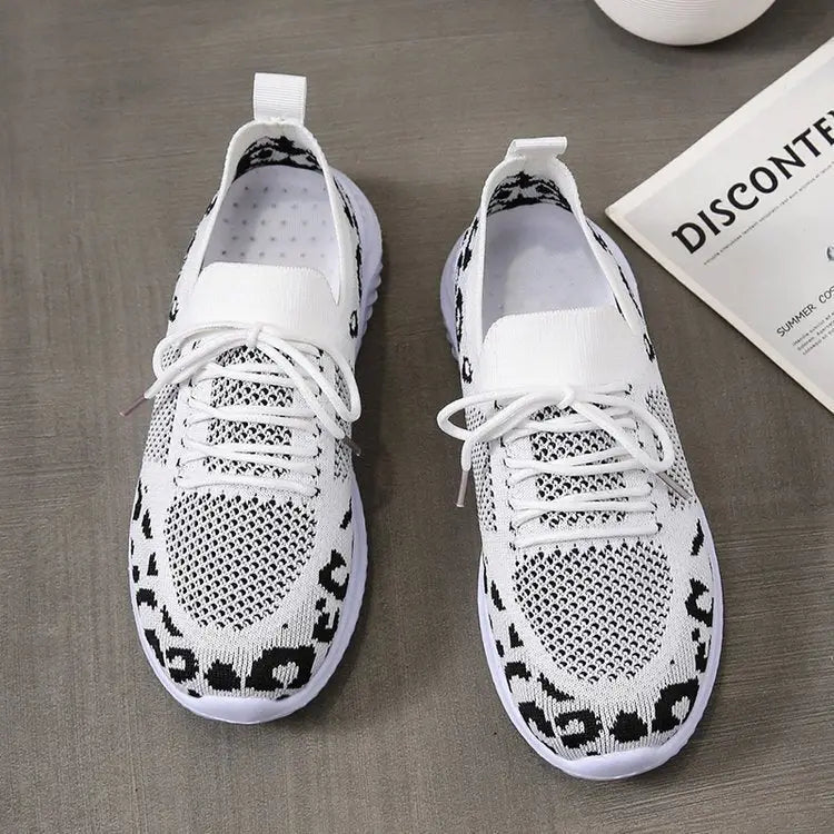 White Shoes Women Leopard Print Lace-up Sneakers Sports