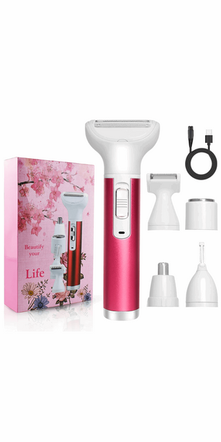 Rechargeable 5-in-1 electric hair removal epilator for women: leg, armpit, bikini, pubic hair trimmer and shaver, with multiple attachments, in a stylish pink design.