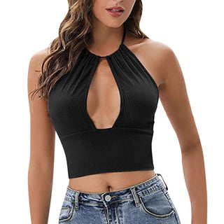 Sleek black camisole halter top with sexy keyhole neckline for a stylish, sultry look.