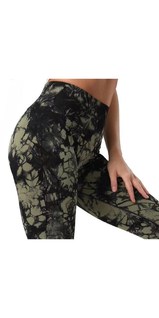 Stylish tie-dye printed leggings with high-waist and figure-flattering design, perfect for active women's fitness and yoga routines.