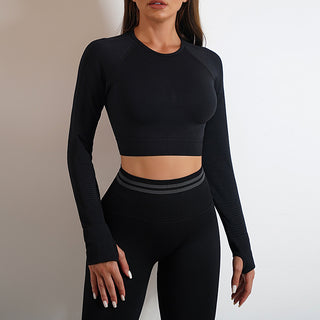 Sleek black athletic top and leggings set from K-AROLE, showcasing a stylish and comfortable yoga ensemble for an active lifestyle.