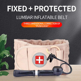 Lumbar inflatable belt with three-dimensional correction for back pain relief, featuring a fixed and protected design with a medical symbol, displayed on a black background with plant leaves.