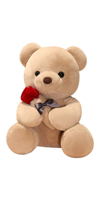 Adorable plush bear doll with red rose and bow tie, perfect for gifting or decorating.