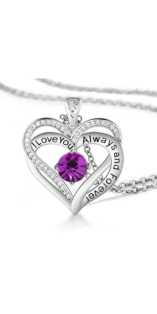 Elegant sterling silver heart-shaped pendant with sparkling amethyst crystal centerpiece and "I love you always" engraved design, showcased against a plain white background.