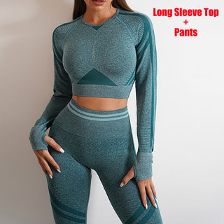Stylish teal green seamless activewear set with long sleeve top and matching leggings, showcasing a trendy and comfortable athletic outfit for women.