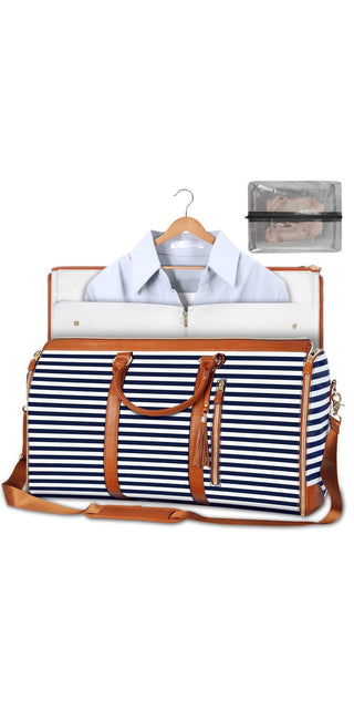 Large capacity travel duffle bag with striped pattern, suitable for carrying clothes and accessories on trips.