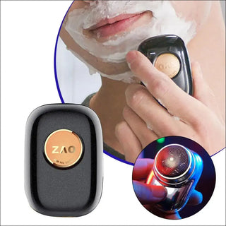 Compact electric shaver with precise trimming for a smooth, well-groomed look. Portable mini razor with vibrant LED lighting display for convenient men's short beard grooming.