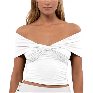 Elegant Off-Shoulder Ruched Knit Crop Top - White / L