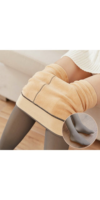 Beige high-waist compression leggings with hidden pocket detail, worn by a person sitting on a wooden floor.