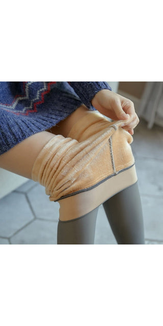 Cozy knit leggings with warm lining, snugly covering female legs