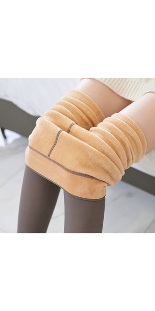 Plush beige leggings with textured vertical lines, showcasing a stylish and comfortable women's fashion piece.