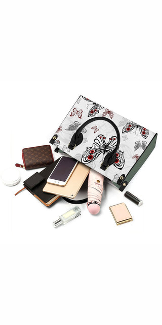 Fashionable K-AROLE floral-patterned tote bag with cosmetic products, showcasing elevated style for the modern woman.
