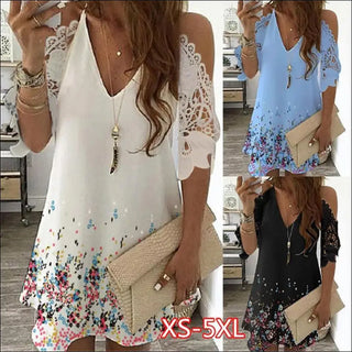 Fashionable summer dresses with floral patterns and open shoulder designs, displayed in a Shopify store setting.