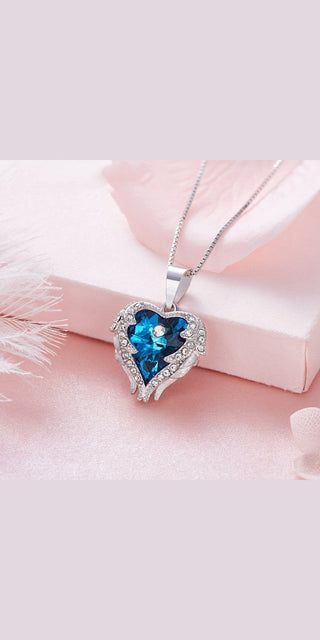Elegant Angel Wings Necklace: Sparkling Blue Gemstone Heart Pendant with Crystal Accents