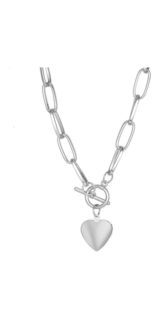 Elegant silver-toned necklace with chained links and a heart-shaped pendant, showcasing a stylish accessory for women.