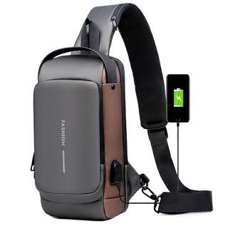 Stylish Messenger Bag: Grey PU Leather Sling Bag with USB Port for Charging Devices