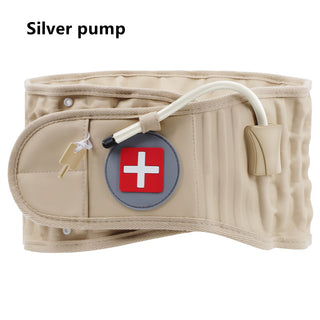 Silver pump - Lumbar support belt with decompression feature and Swiss cross emblem for back pain relief. The beige, padded belt is designed to provide lumbar traction and support for those suffering from lumbar disc herniation or other back issues.
