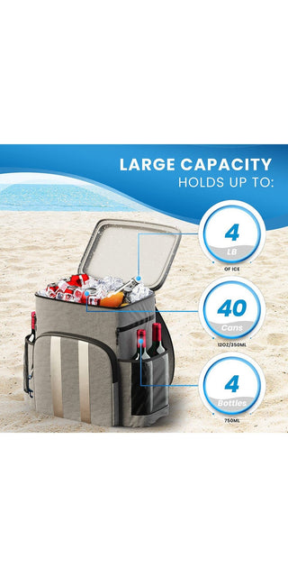 Insulated backpack with large capacity for picnics, featuring multiple compartments to hold food, drinks, and other essentials.