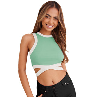 Short Cropped Cropped Tied Top Contrast Color Shirt