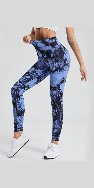 Fashionable high-waisted tie-dye printed leggings with a snug, figure-flattering fit designed for active wear and yoga.