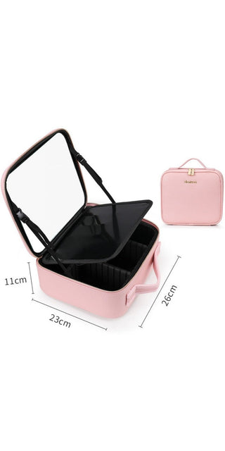 Stylish pink travel makeup bag with mirror and ample storage space for cosmetics and personal care items.