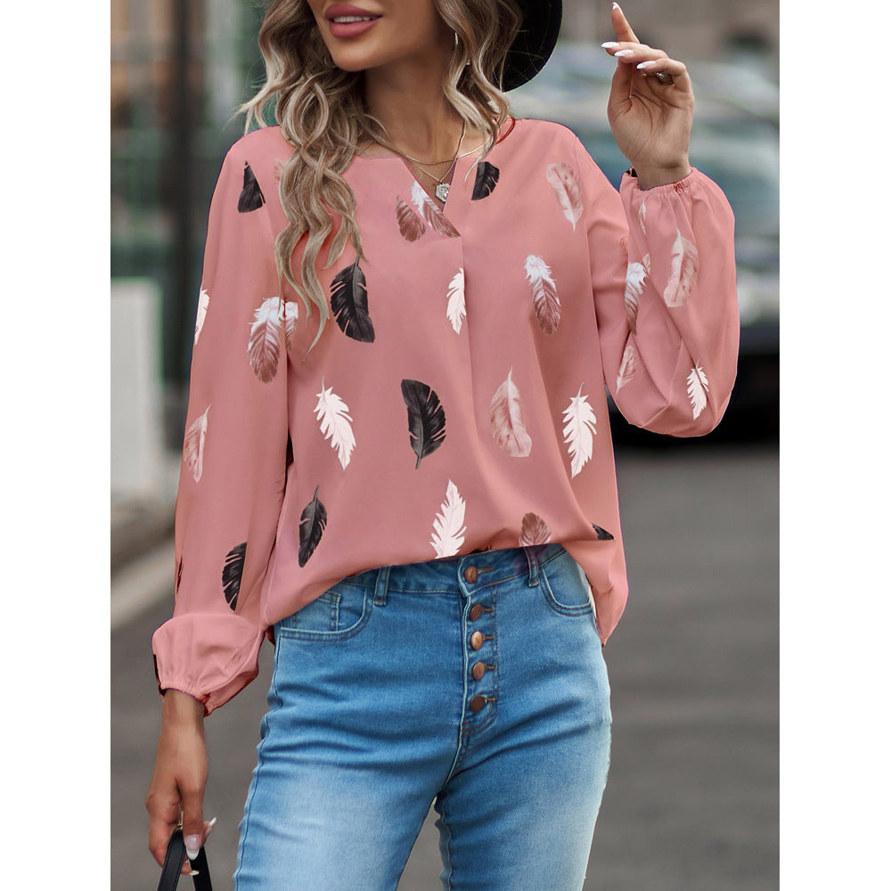 Feather Print Polo Shirt Long Lantern Sleeve Turndown Collar