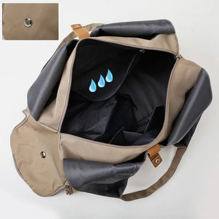 Stylish beige and black duffle bag with water-resistant pockets for women's fitness and travel accessories. Versatile design with multiple compartments for organized storage. Durable and functional weekender bag for active lifestyles.