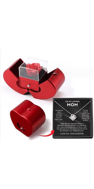 Stylish red gift box with a crystal-clear display showcasing a pink rose - the perfect present to celebrate a special mom.