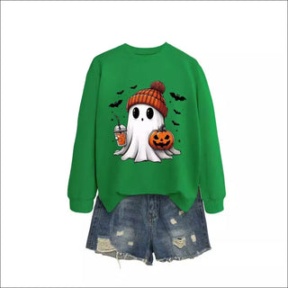 Long Sleeve Milk Tea Pumpkin Bat Printed Green Sweater