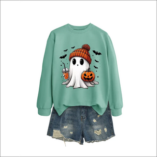 Long Sleeve Milk Tea Pumpkin Bat Printed Green Sweater