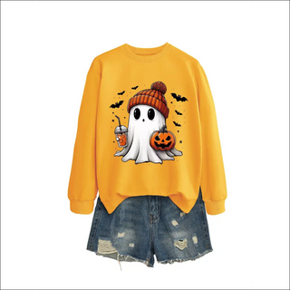 Long Sleeve Milk Tea Pumpkin Bat Printed Green Sweater