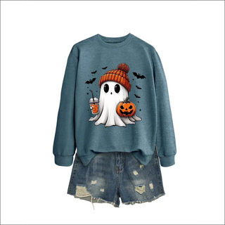 Long Sleeve Milk Tea Pumpkin Bat Printed Green Sweater