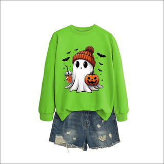 Long Sleeve Milk Tea Pumpkin Bat Printed Green Sweater