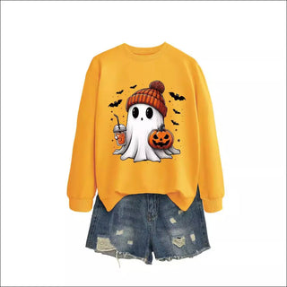 Long Sleeve Milk Tea Pumpkin Bat Printed Green Sweater