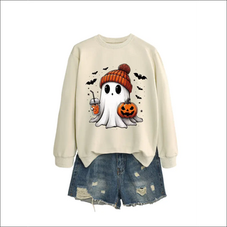 Long Sleeve Milk Tea Pumpkin Bat Printed Green Sweater