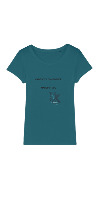 Organic jersey women's t-shirt in teal blue with "Made with Compassion" text and animal graphic