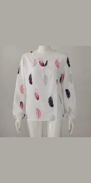 Feather Print Polo Shirt Long Lantern Sleeve Turndown Collar