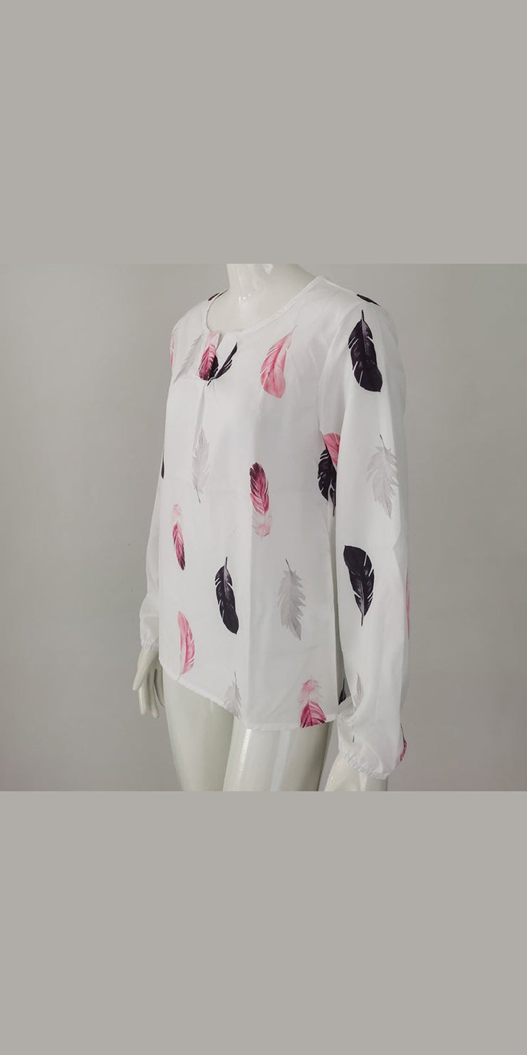Feather Print Polo Shirt Long Lantern Sleeve Turndown Collar