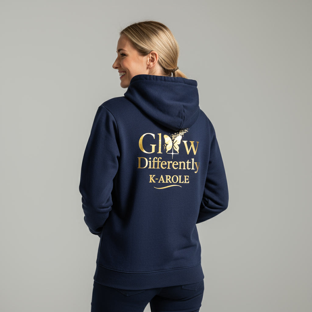 K-AROLE®️ “Glow Differently” Hoodie — Midnight Blue | Golden Butterfly