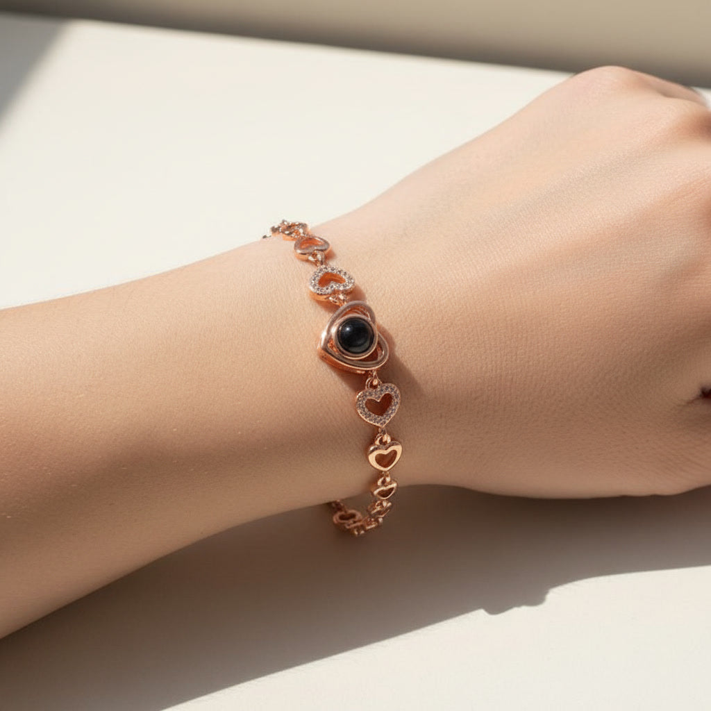 Luxury gold heart projection bracelet revealing a hidden photo – personalized jewelry by K-AROLE