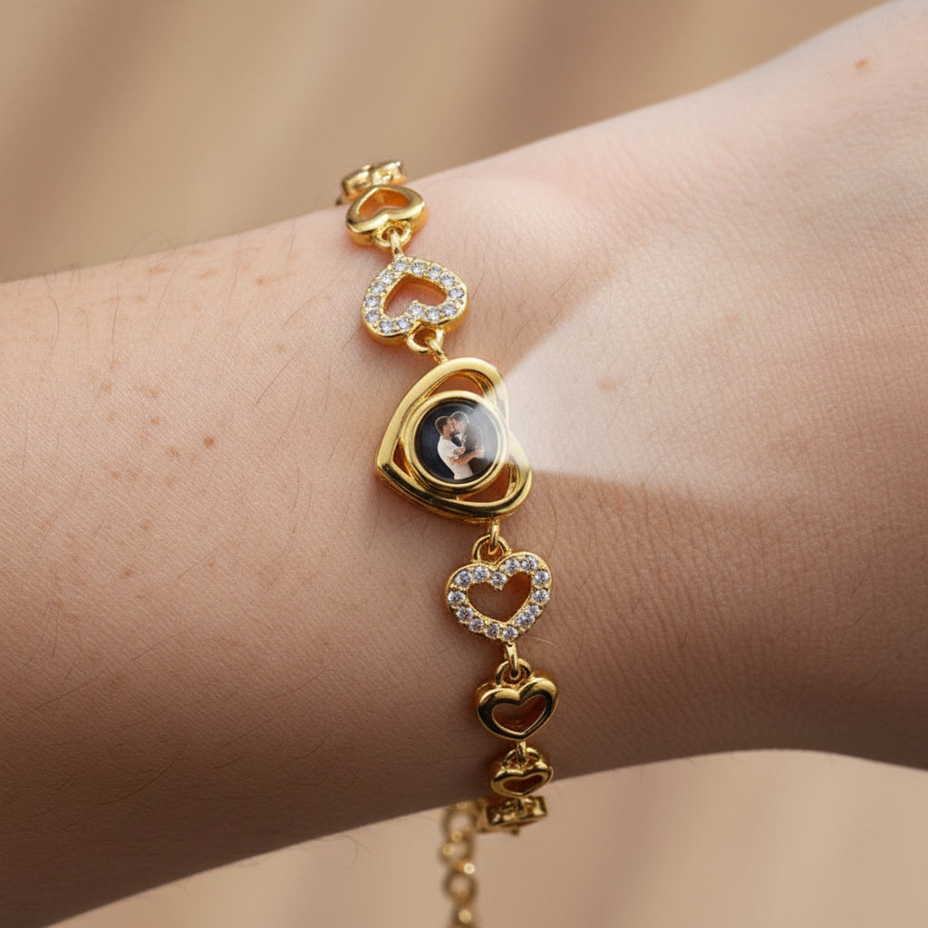 Close-up of heart projection bracelet details and finish