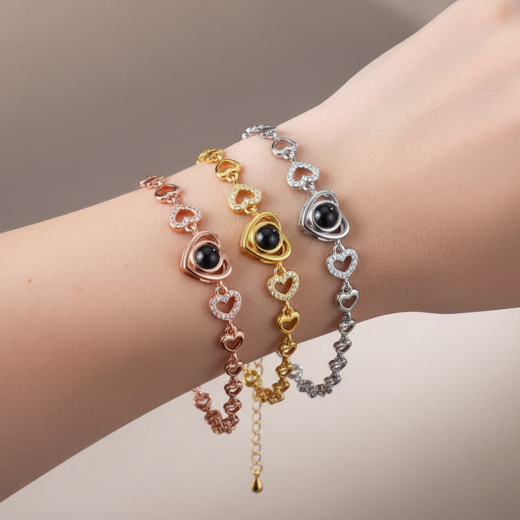 Luxury heart projection bracelet collection in gold, silver and rose gold – personalized photo jewelry by K-AROLE