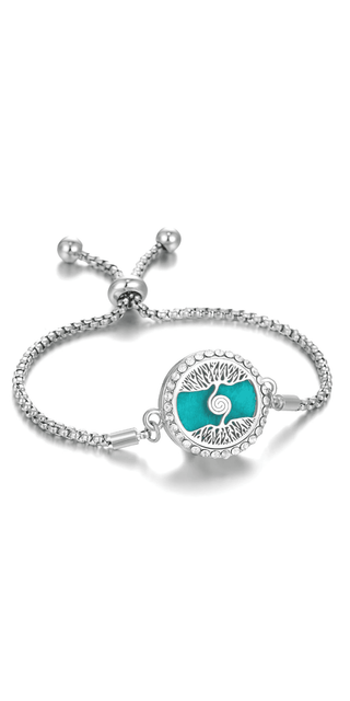 Hollow Stainless Steel Adjustable Aromatherapy Bracelet Jewelry with turquoise-colored stone in circular pendant