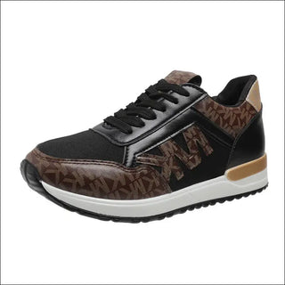 Stylish women's sneakers with a striking black and brown pattern. The sneakers feature a round toe, lace-up closure, and a thick, cushioned sole for comfort and support. The sporty design and breathable construction make these sneakers a versatile choice for casual or athleisure wear.