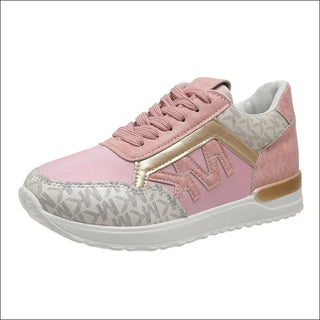 Stylish thick-soled women's sneakers in a pink and gray color scheme with a lace-up front and a low-profile sporty design. The sneakers feature a breathable, rounded toe and a textured, patterned upper for a modern, fashionable look.