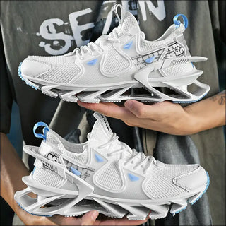 White sporty and stylish sneakers with vibrant blue accents, displayed on a hand. The sneakers feature a mesh upper, chunky midsole, and eye-catching design elements, showcasing a modern and trendy athletic footwear style.